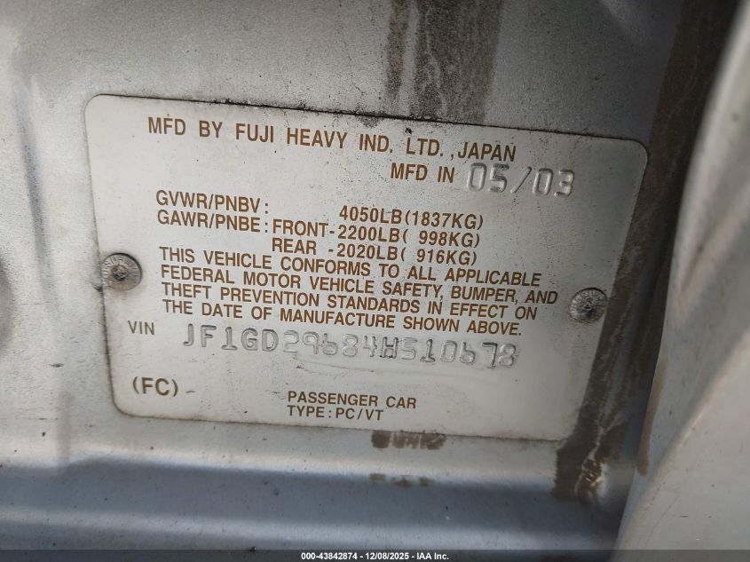 2004 Subaru Impreza Wrx VIN: JF1GD29684H510678 Lot: 43842874