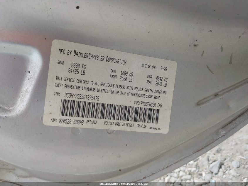 2006 Chrysler Pt Cruiser Gt VIN: 3C3HY75S36T375475 Lot: 43842883