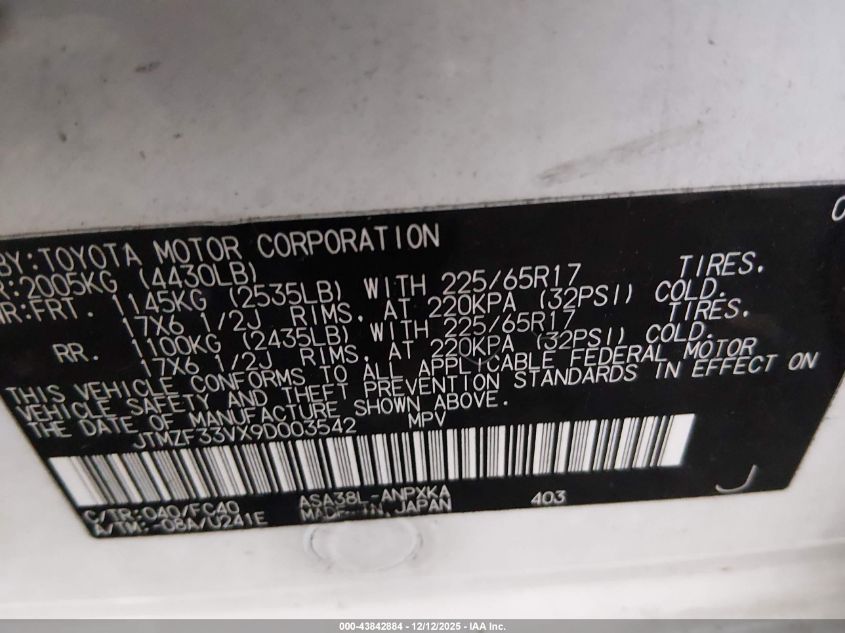 2009 Toyota Rav4 VIN: JTMZF33VX9D003542 Lot: 43842884