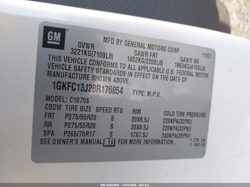 2008 GMC Yukon VIN: 1GKFC13128R176054 Lot: 43842898