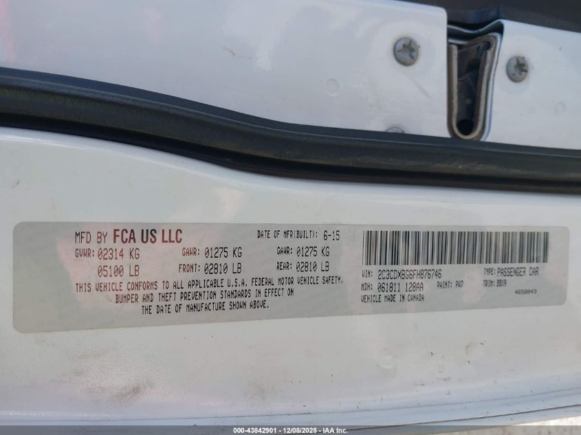 2015 Dodge Charger Se VIN: 2C3CDXBG6FH876746 Lot: 43842901