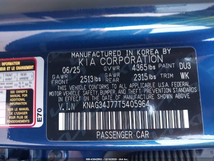 2026 Kia K5 Ex VIN: KNAG34J77T5405964 Lot: 43842902