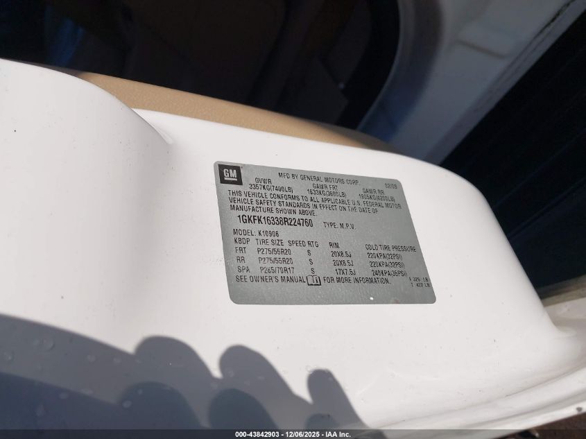 2008 GMC Yukon Xl 1500 Slt VIN: 1GKFK16338R224760 Lot: 43842903