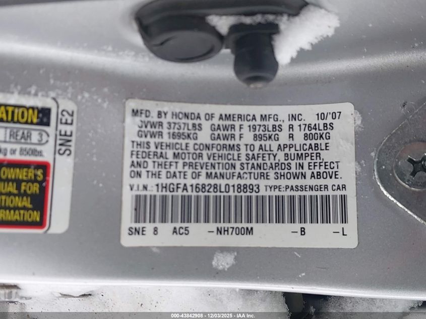 2008 Honda Civic Ex VIN: 1HGFA16828L018893 Lot: 43842908