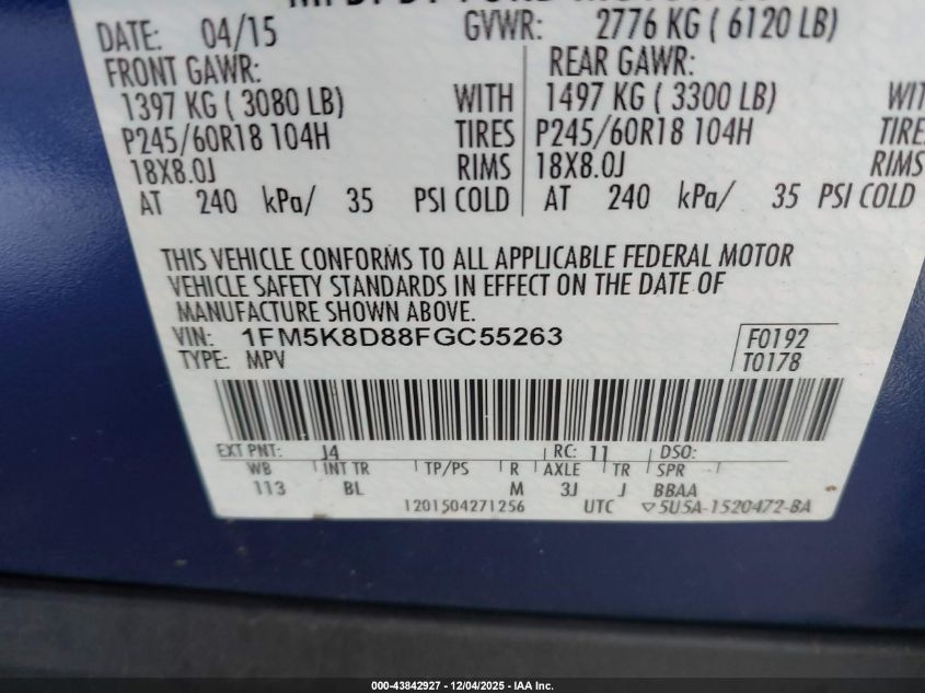 2015 Ford Explorer Xlt VIN: 1FM5K8D88FGC55263 Lot: 43842927