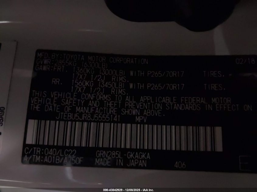 2018 Toyota 4Runner Trd Off Road Premium VIN: JTEBU5JR8J5555141 Lot: 43842929