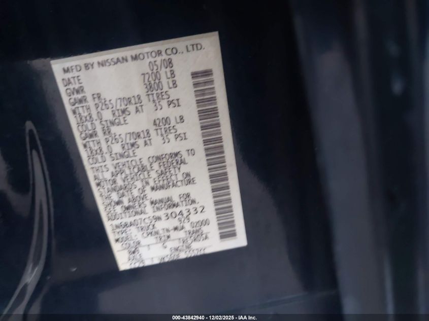 2009 Nissan Titan Se VIN: 1N6BA07C59N304332 Lot: 43842940