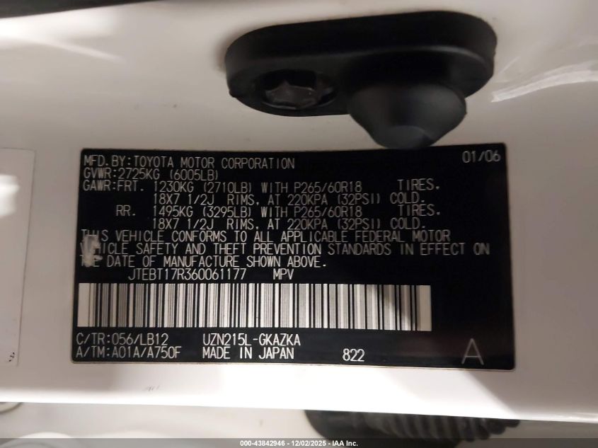 2006 Toyota 4Runner Limited V8 VIN: JTEBT17R360061177 Lot: 43842946