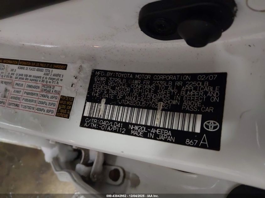 2007 Toyota Prius VIN: JTDKB20U577625321 Lot: 43842952