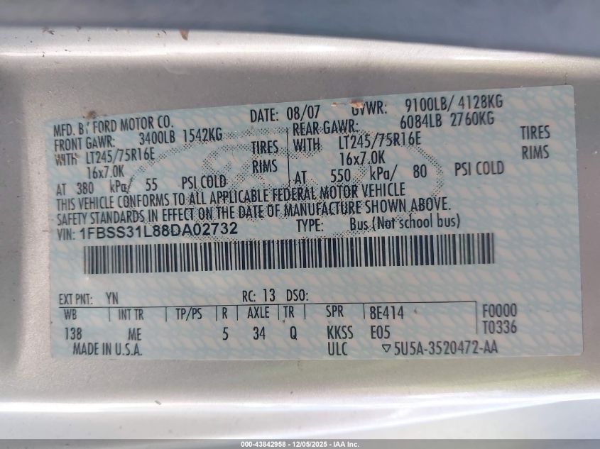 2008 Ford E-350 Super Duty Xl/Xlt VIN: 1FBSS31L88DA02732 Lot: 43842958