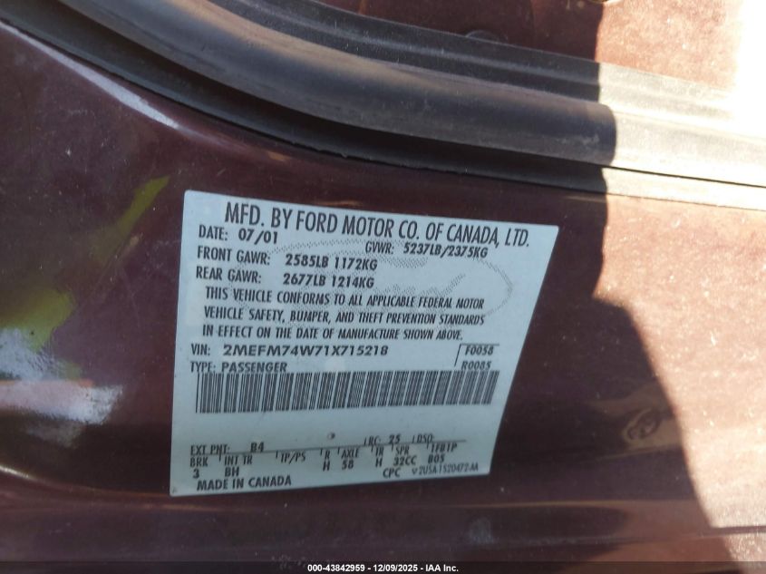 2001 Mercury Grand Marquis Gs VIN: 2MEFM74W71X715218 Lot: 43842959
