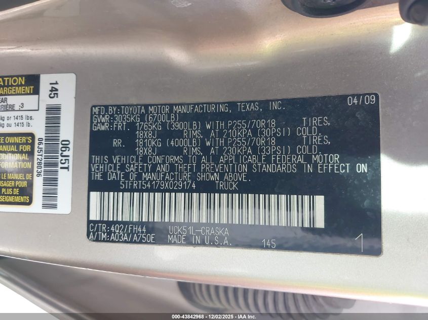 2009 Toyota Tundra Grade 4.7L V8 VIN: 5TFRT54179X029174 Lot: 43842968