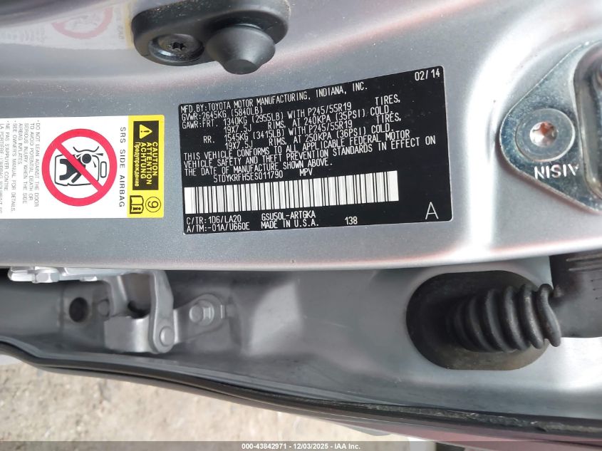 2014 Toyota Highlander Limited V6 VIN: 5TDYKRFH5ES011790 Lot: 43842971