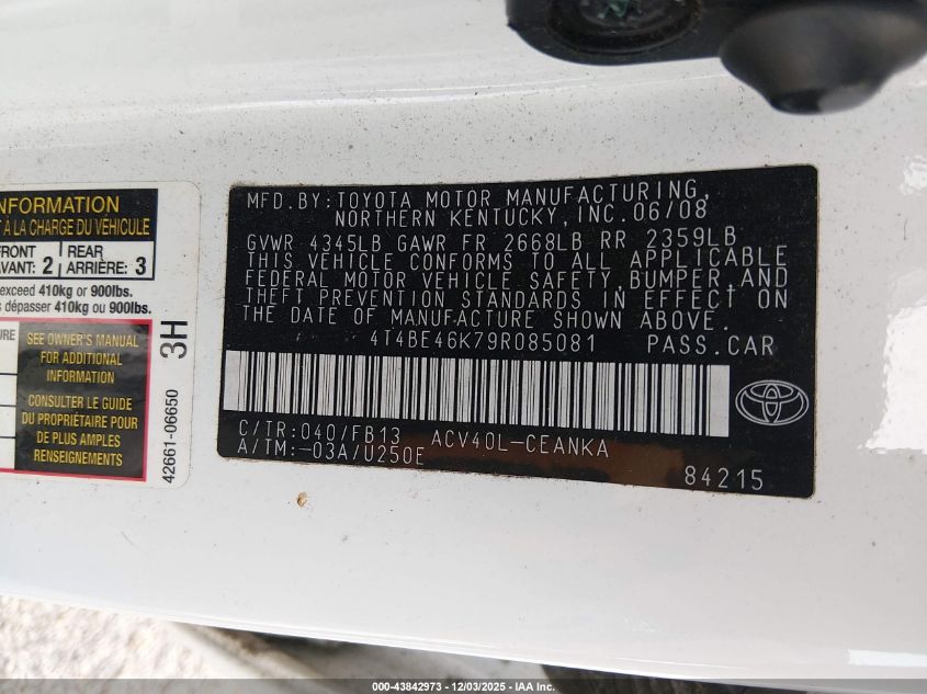 2009 Toyota Camry Le VIN: 4T4BE46K79R085081 Lot: 43842973