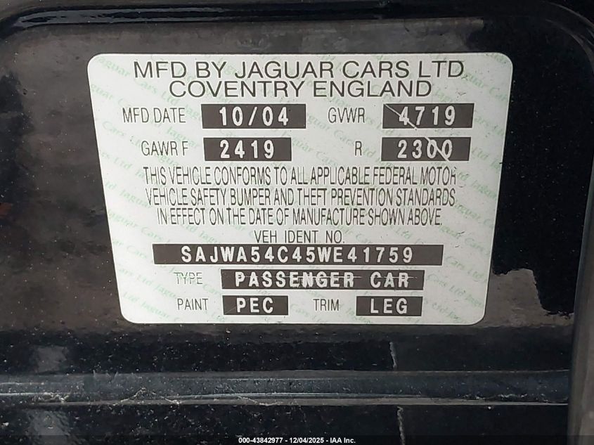 2005 Jaguar X-Type 3.0 VIN: SAJWA54C45WE41759 Lot: 43842977