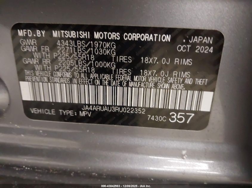 2024 Mitsubishi Outlander Sport 2.0 Es Awc/2.0 Le Awc/2.0 Ralliart Awc/2.0 S Awc/2.0 Se Awc/2.0 Trail Edition Awc VIN: JA4ARUAU3RU022352 Lot: 43842983