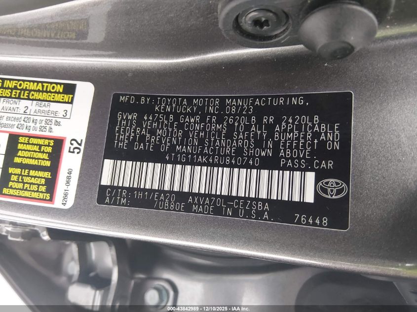 2024 Toyota Camry Se VIN: 4T1G11AK4RU840740 Lot: 43842989