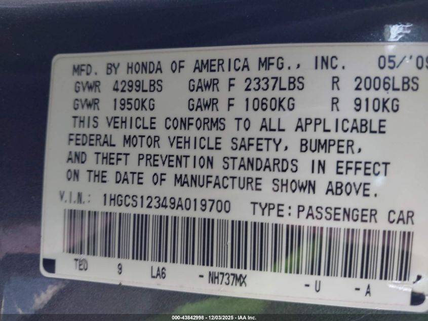 2009 Honda Accord 2.4 Lx-S VIN: 1HGCS12349A019700 Lot: 43842998
