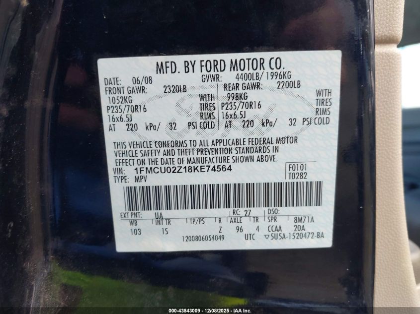 2008 Ford Escape Xls/Xls Manual VIN: 1FMCU02Z18KE74564 Lot: 43843009