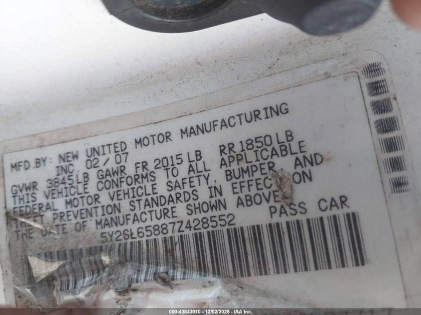 2007 Pontiac Vibe VIN: 5Y2SL65887Z428552 Lot: 43843010