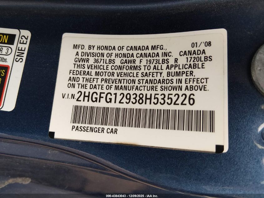 2008 Honda Civic Ex-L VIN: 2HGFG12938H535226 Lot: 43843043