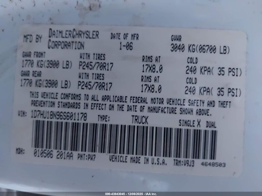 2006 Dodge Ram 1500 Slt/Trx4 Off Road/Sport VIN: 1D7HU18N96S601178 Lot: 43843045