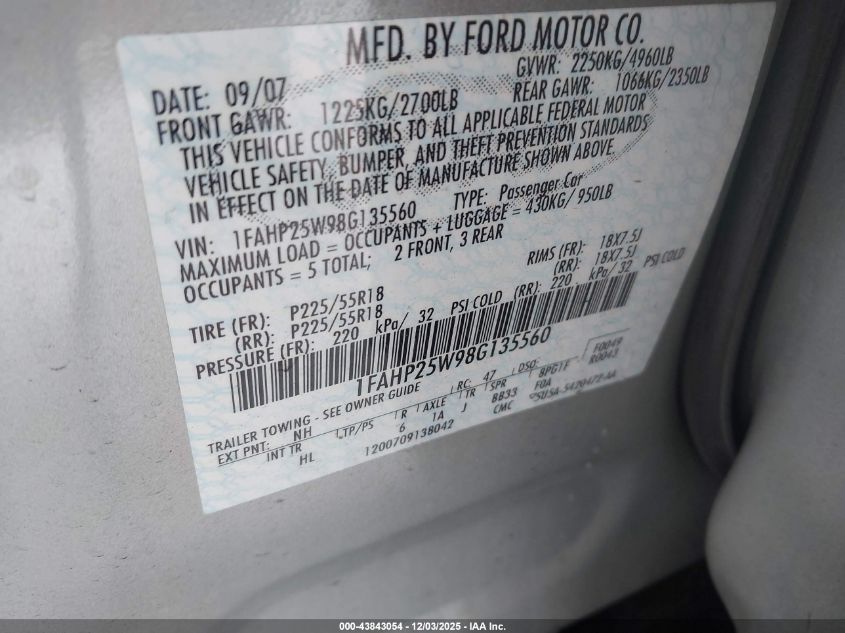 2008 Ford Taurus Limited VIN: 1FAHP25W98G135560 Lot: 43843054