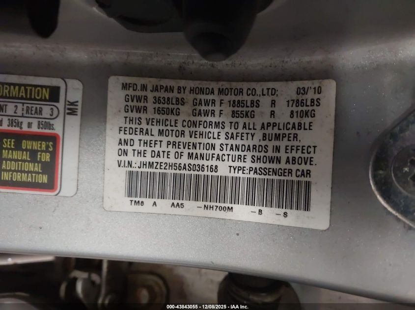 2010 Honda Insight Lx VIN: JHMZE2H56AS036168 Lot: 43843055