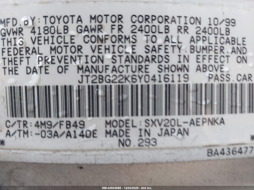 2000 Toyota Camry Le VIN: JT2BG22K6Y0416119 Lot: 43843066