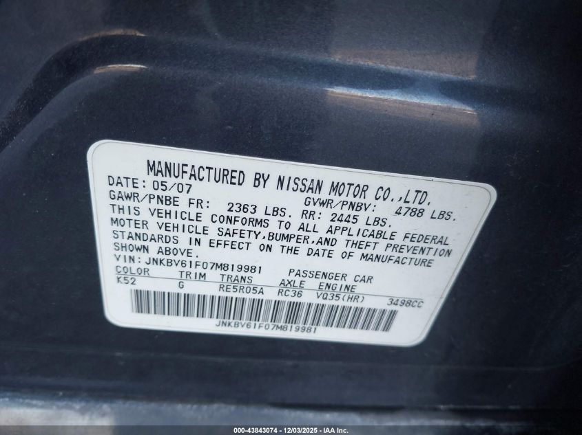 2007 Infiniti G35X VIN: JNKBV61F07M819981 Lot: 43843074