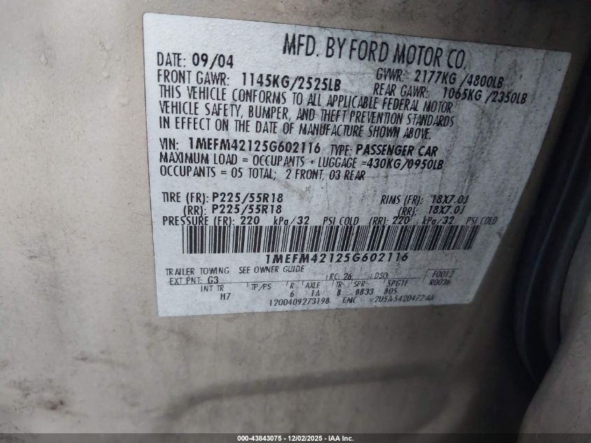 2005 Mercury Montego Premier VIN: 1MEFM42125G602116 Lot: 43843075