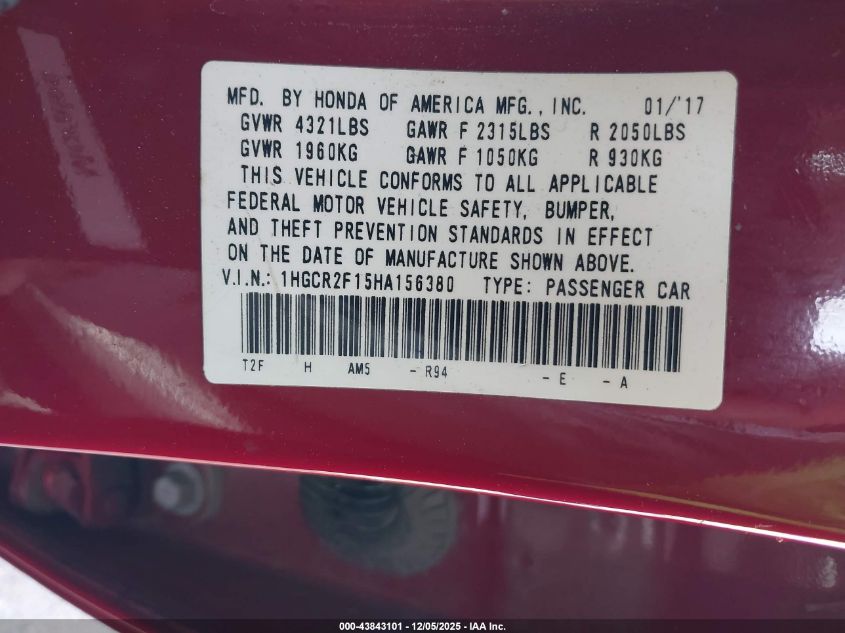 2017 Honda Accord Sport Se VIN: 1HGCR2F15HA156380 Lot: 43843101
