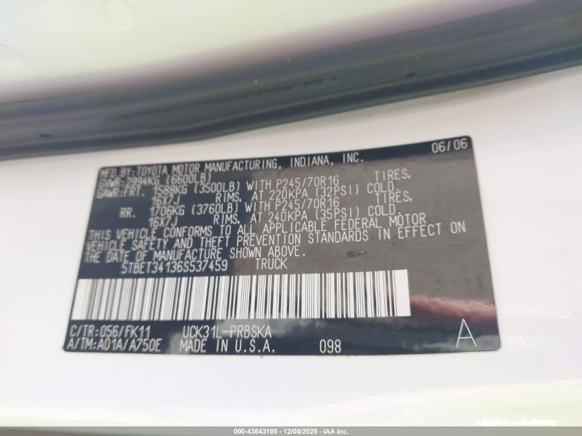 2006 Toyota Tundra Sr5 V8 VIN: 5TBET34136S537459 Lot: 43843105