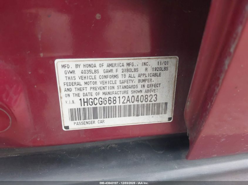 2002 Honda Accord 2.3 Ex/2.3 Se VIN: 1HGCG66812A040823 Lot: 43843107