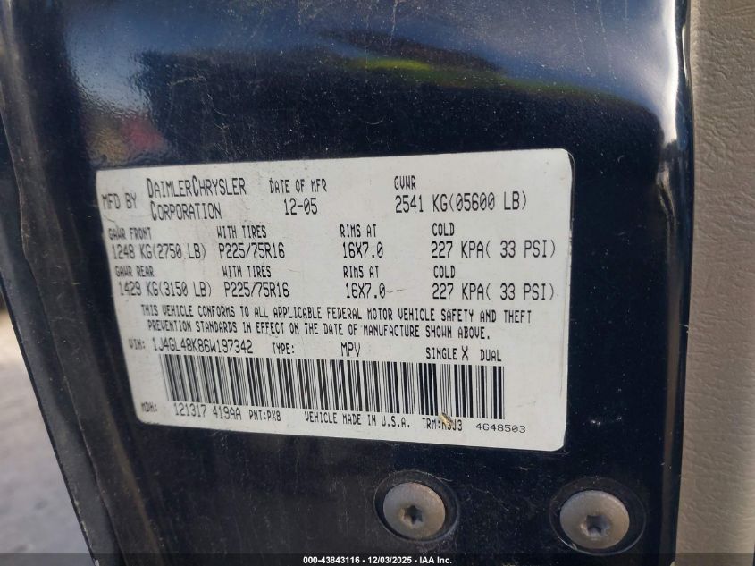 2006 Jeep Liberty Sport VIN: 1J4GL48K86W197342 Lot: 43843116