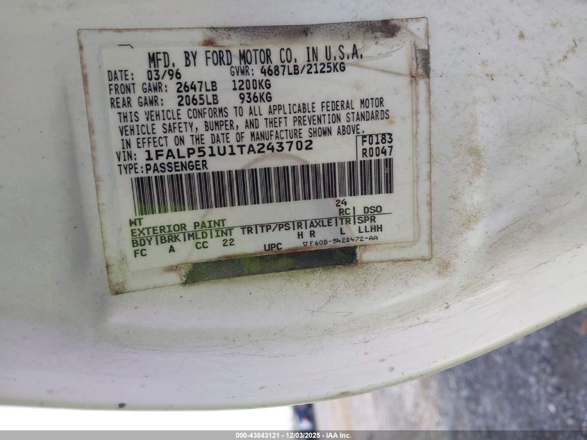 1996 Ford Taurus G VIN: 1FALP51U1TA243702 Lot: 43843121
