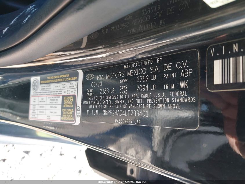 2020 Kia Forte Lxs VIN: 3KPF24AD4LE239401 Lot: 43843127