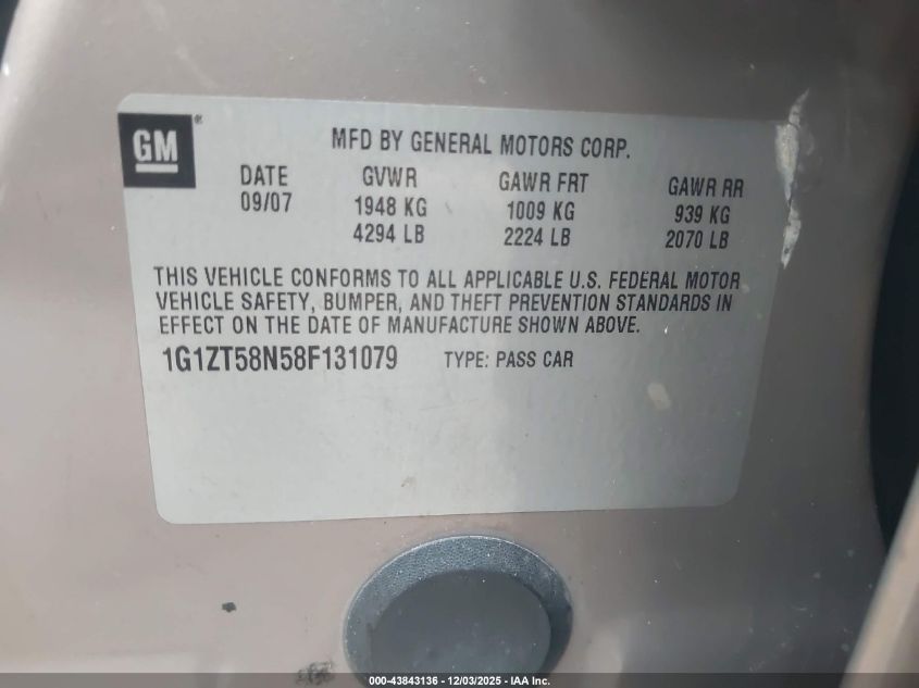 2008 Chevrolet Malibu Classic Lt VIN: 1G1ZT58N58F131079 Lot: 43843136