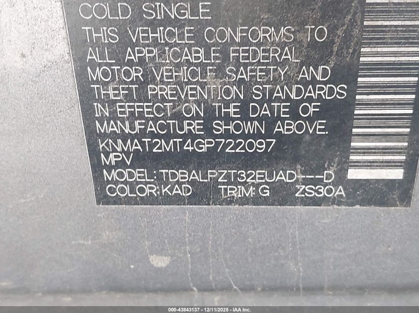 2016 Nissan Rogue S VIN: KNMAT2MT4GP722097 Lot: 43843137