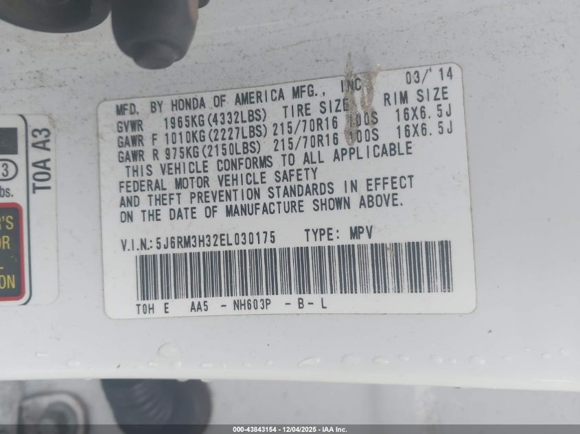 2014 Honda Cr-V Lx VIN: 5J6RM3H32EL030175 Lot: 43843154