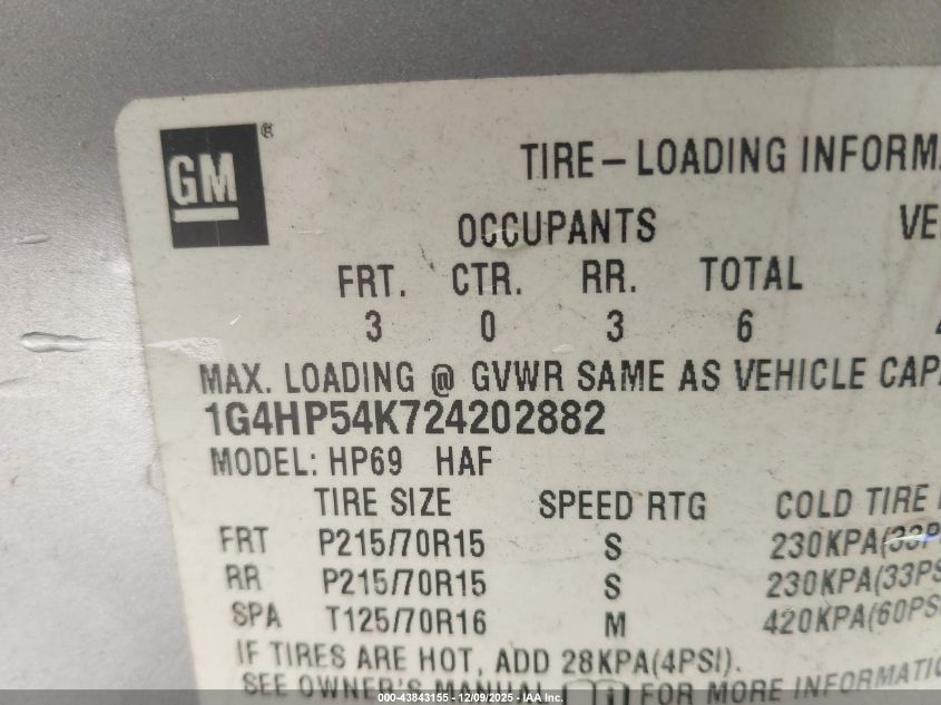 2002 Buick Lesabre Custom VIN: 1G4HP54K724202882 Lot: 43843155