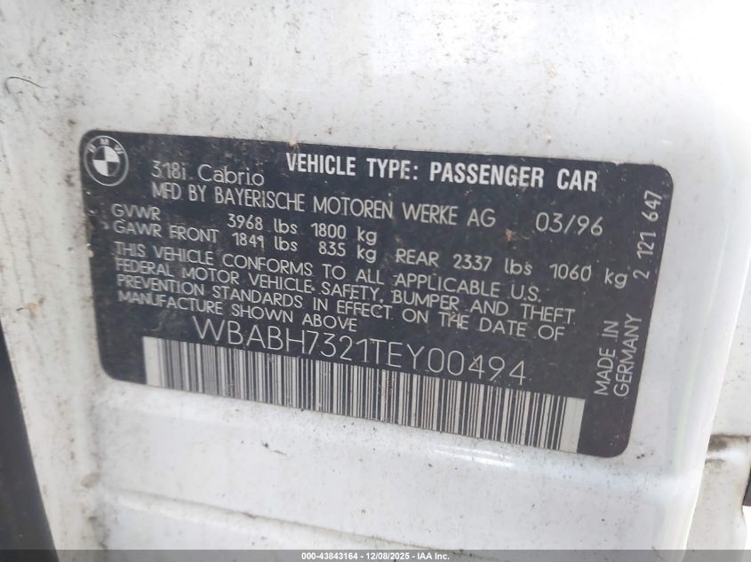 1996 BMW 318 Ic VIN: WBABH7321TEY00494 Lot: 43843164