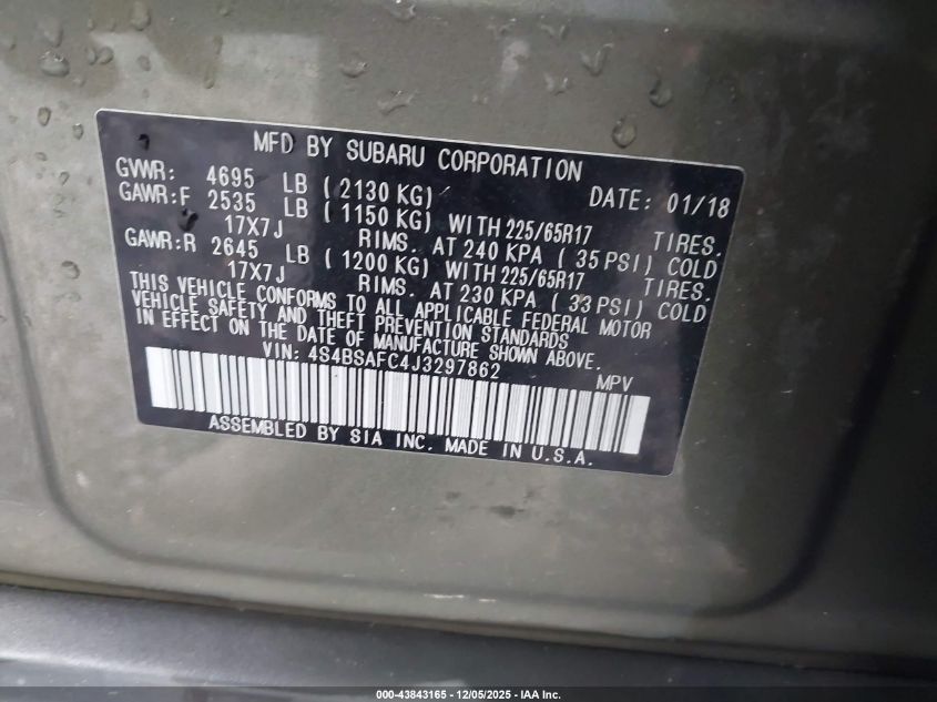 2018 Subaru Outback 2.5I Premium VIN: 4S4BSAFC4J3297862 Lot: 43843165