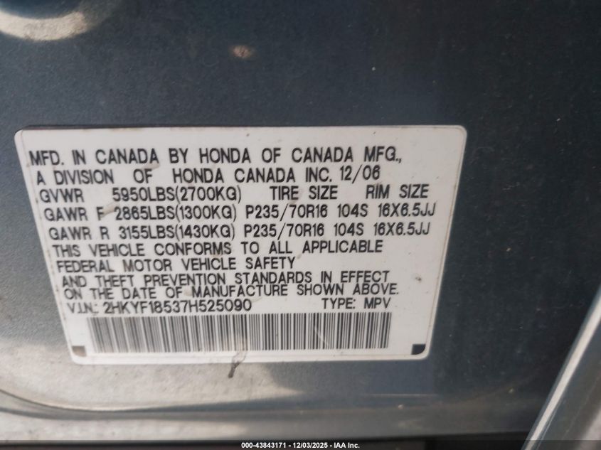 2007 Honda Pilot Ex-L VIN: 2HKYF18537H525090 Lot: 43843171