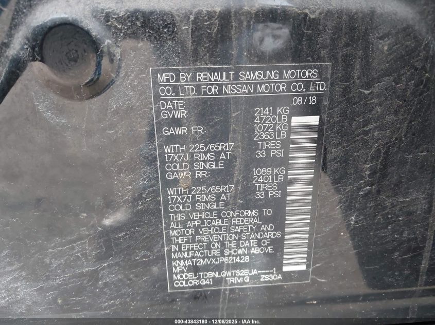 2018 Nissan Rogue Sv VIN: KNMAT2MVXJP621428 Lot: 43843180