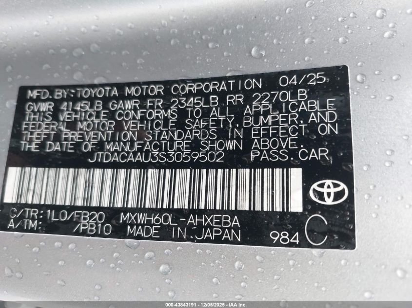 2025 Toyota Prius Le VIN: JTDACAAU3S3059502 Lot: 43843191