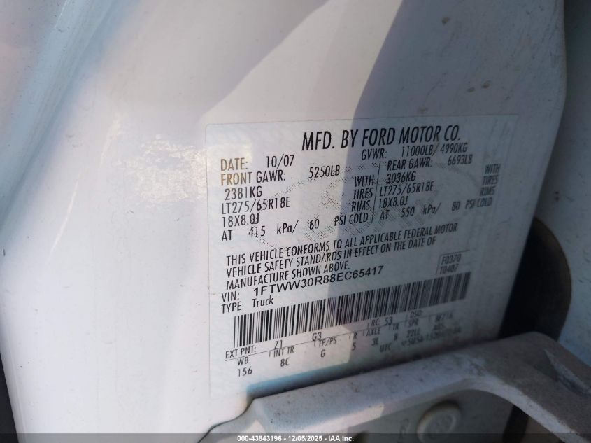 2008 Ford F-350 King Ranch/Lariat/Xl/Xlt VIN: 1FTWW30R88EC65417 Lot: 43843196