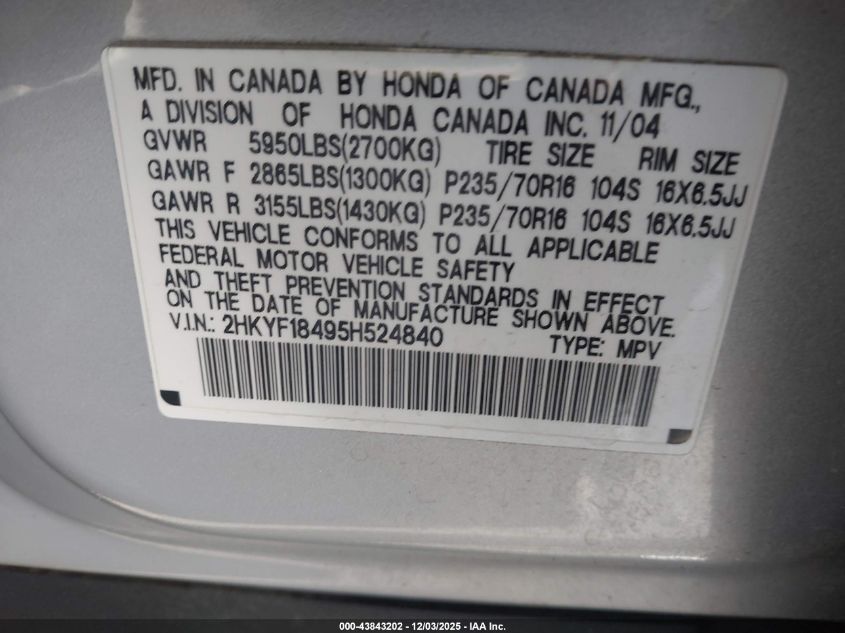 2005 Honda Pilot Ex VIN: 2HKYF18495H524840 Lot: 43843202