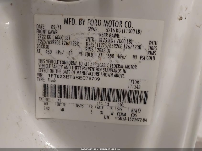 2011 Ford F-350 Lariat VIN: 1FT8X3BT6BEC79709 Lot: 43843236