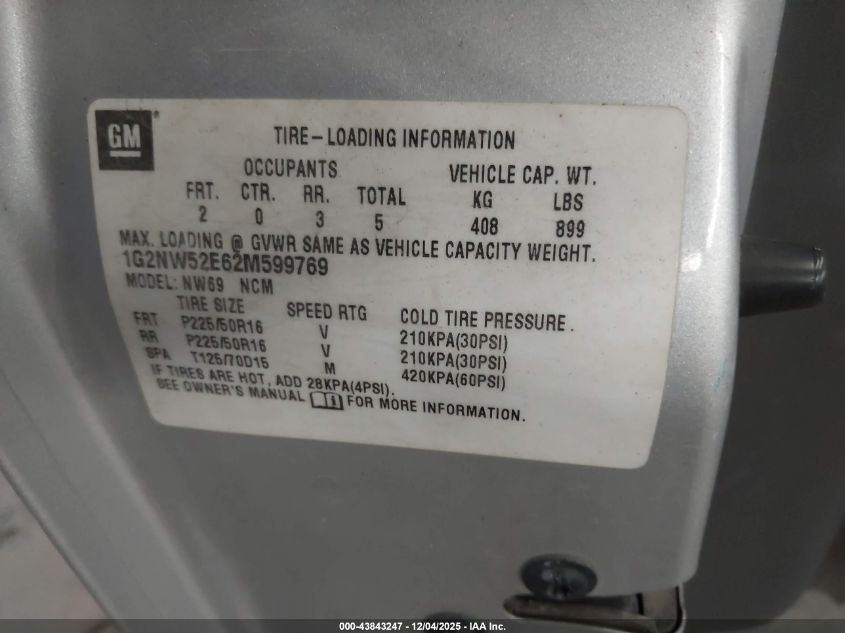 2002 Pontiac Grand Am Gt VIN: 1G2NW52E62M599769 Lot: 43843247